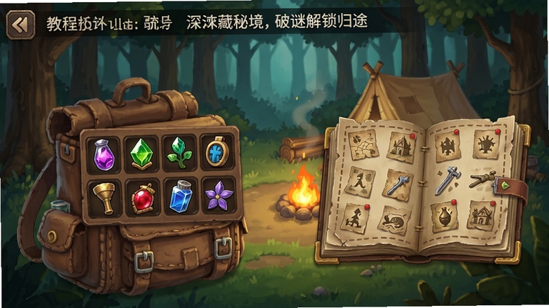 深林藏秘境,破谜解锁归途游戏界面截图,展示背包中的物品栏与线索图鉴,界面设计简洁,物品图标精美,背景为游戏内营地场景,适合作为教程插图