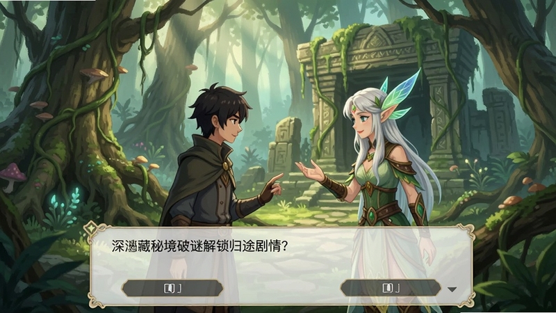深林藏秘境,破谜解锁归途剧情对话场景,角色与森林精灵互动,界面下方显示对话选项,背景是古树与藤蔓缠绕的遗迹,光线柔和,细节丰富,突出叙事氛围