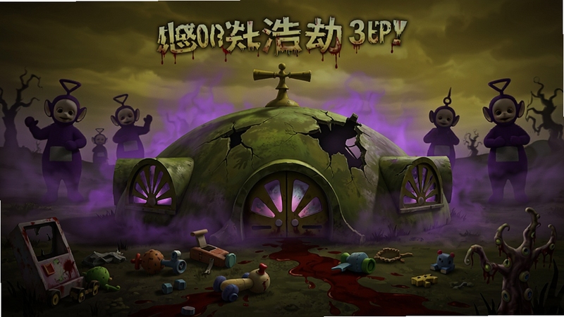 鬼畜天线宝宝3:感染浩劫游戏主视觉图,画面中央是破败的天线宝宝圆顶建筑,周围环绕着诡异的紫色雾气,几个扭曲的天线宝宝黑影在远处游荡,地面散落着废弃的玩具和血迹,整体色调昏暗压抑,营造出恐怖生存的氛围,高清游戏宣传图风格