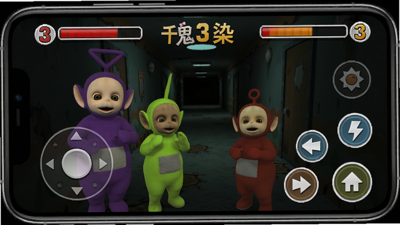 鬼畜天线宝宝3:感染浩劫游戏操作界面示意图,手机屏幕布局显示虚拟摇杆和互动按钮,旁边有角色血条和感染值提示,背景是昏暗的走廊,画面清晰,教学风格