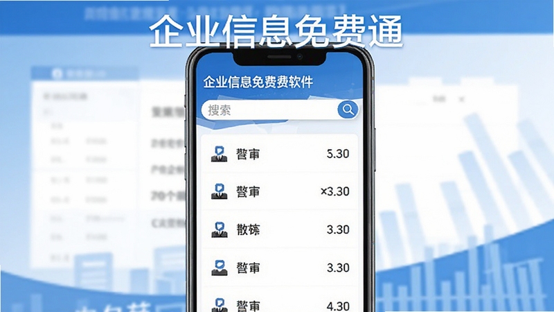 企业信息免费通软件界面预览图,展示公司查询功能主界面,背景为蓝白商务风格,手机屏幕中央显示企业列表和搜索框,整体画面清晰明亮,突出软件名称“企业信息免费通”