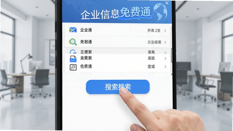 企业信息免费通一键搜索功能演示图,手指点击搜索按钮,屏幕上方显示企业列表,背景为浅灰色商务场景,突出快速检索的便利性,画面包含软件名称“企业信息免费通”