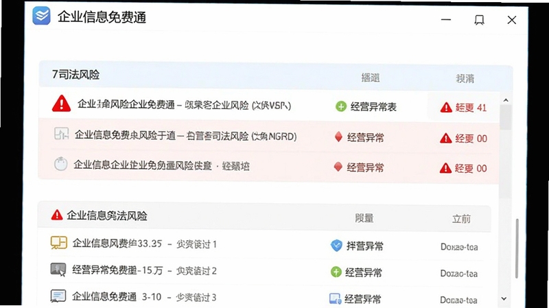 企业信息免费通风险提示功能截图,展示一家企业的司法风险和经营异常列表,背景为白色界面,红色警示标识突出显示,画面清晰,包含软件名称“企业信息免费通”