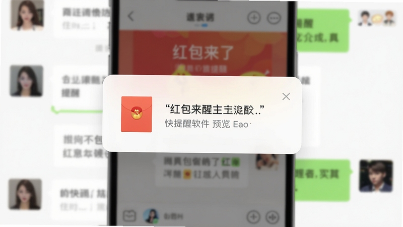 红包来了快提醒软件主界面预览图,画面中央展示手机悬浮窗红包提醒样式,背景为模糊的社交聊天界面,整体风格明亮清晰,突出软件的快捷提醒功能