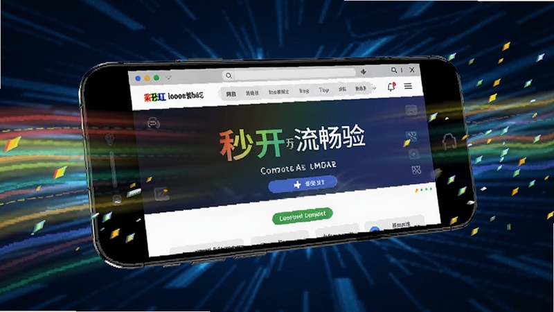 彩虹浏览器极速加载页面效果图,画面中手机屏幕显示网页瞬间加载完成,周围有速度线条与光效,背景为深蓝色科技感氛围,突出网页秒开与流畅体验