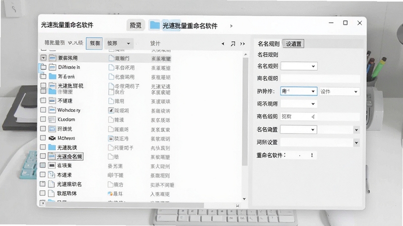 光速批量重命名软件主界面预览图,展示软件整体布局,左侧为文件列表区域,右侧为命名规则设置面板,背景为浅灰色工作台,整体风格简洁现代,突出软件名称光速批量重命名软件