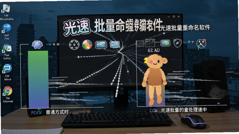 光速批量重命名软件批量处理文件速度对比图,左侧显示普通方式耗时,右侧显示光速批量重命名软件处理速度,背景为电脑桌面,带有速度线条特效,画面突出光速批量重命名软件名称