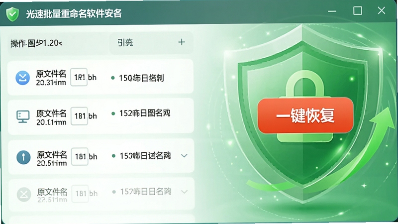 光速批量重命名软件安全撤销功能示意图,显示操作日志列表,每条记录包含原文件名和新文件名,并有一个醒目的“一键恢复”按钮,背景为绿色安全盾牌元素,体现光速批量重命名软件的数据保护特性