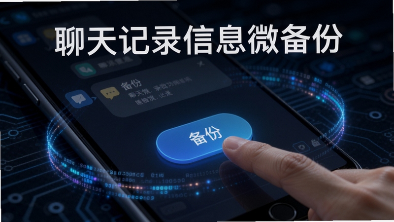 聊天记录信息微备份一键备份功能演示,手指点击屏幕上的备份按钮,周围环绕数据流动光效,背景为深色科技感界面,突出软件名称“聊天记录信息微备份”,画面清晰有层次,适配Boogu模型生成。