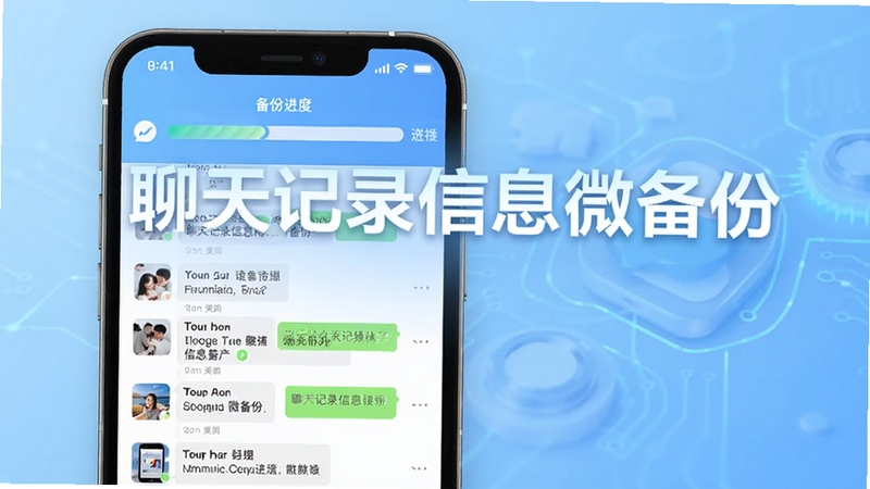 聊天记录信息微备份软件主界面,手机屏幕展示备份进度条和聊天列表缩略图,背景为浅蓝色科技感渐变,前景突出软件名称“聊天记录信息微备份”字样,整体风格简洁明亮,适配Boogu模型生成。