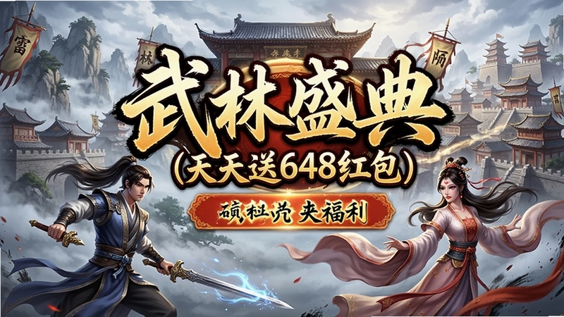 一张横版武侠风格的游戏宣传图,画面中央是游戏名称“武林盛典(天天送648红包)”,背景是云雾缭绕的古代山门与江湖城池,前景有持剑侠客与飘逸古装女子,整体色调明亮,突出福利与仙侠元素,画面细节丰富,适合作为游戏官网头图