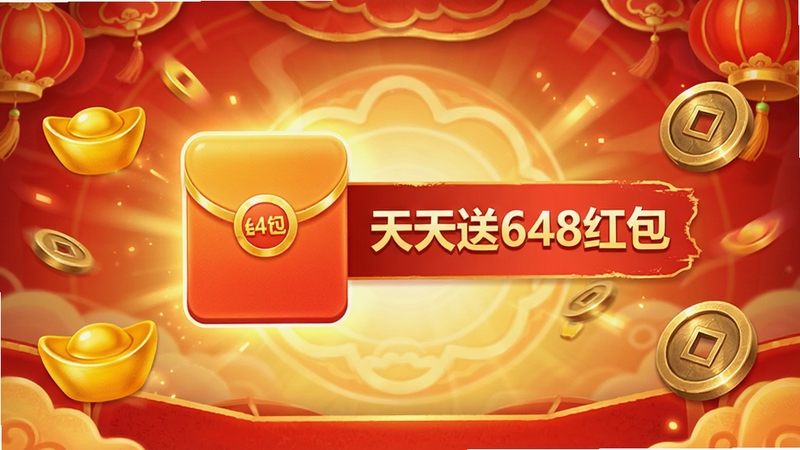 游戏内红包领取界面截图,画面中央是金色红包图标,旁边显示“天天送648红包”字样,周围有元宝、铜钱等奖励图标,背景是喜庆的红色和金色,整体风格明亮,突出福利氛围,界面简洁清晰