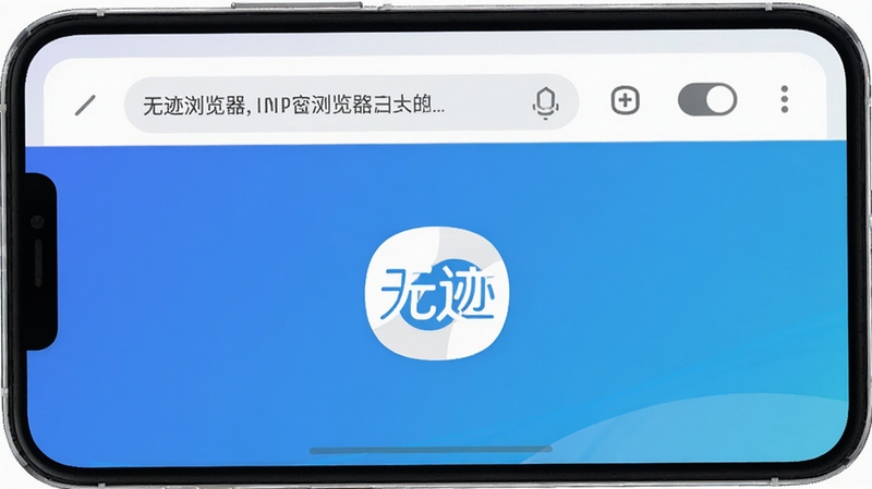 无迹浏览器主界面预览图,手机屏幕显示浏览器主页,背景为渐变蓝色,界面简洁,地址栏与无痕模式开关清晰可见,画面中心为无迹浏览器的logo,整体风格现代干净