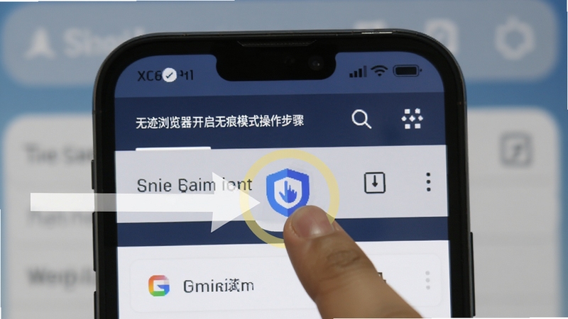 无迹浏览器开启无痕模式操作步骤图,手机屏幕显示菜单栏,手指点击盾牌图标,背景为浏览器界面,突出操作指引