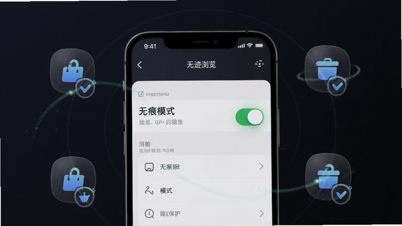 无迹浏览器无痕模式功能展示图,手机屏幕显示设置界面中的无痕模式开关为开启状态,背景为深色系,周围有半透明的数据清除动态图标,画面简洁,突出隐私保护主题