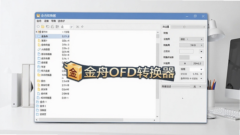 生成一张金舟OFD转换器软件主界面的高清预览图,画面中央是软件主窗口,左侧显示文件列表,右侧为转换设置区域,背景为浅色办公桌面,整体风格简洁明亮,突出软件名称“金舟OFD转换器”的logo标识,画面比例16:9