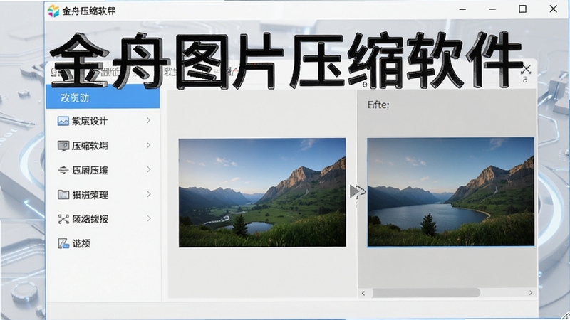 金舟图片压缩软件主界面预览图,展示简洁的软件操作面板,左侧为功能列表,右侧为图片压缩前后对比区域,背景为浅灰色科技感氛围,画面清晰明亮,突出软件名称“金舟图片压缩软件”字样