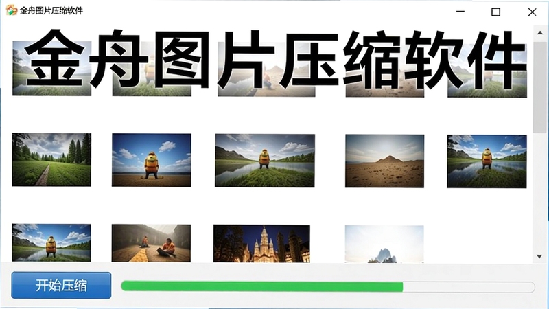 金舟图片压缩软件批量处理界面示意,界面中显示多张图片缩略图排列,底部有“开始压缩”按钮,进度条正在运行,背景为白色简洁风格,突出软件名称“金舟图片压缩软件”