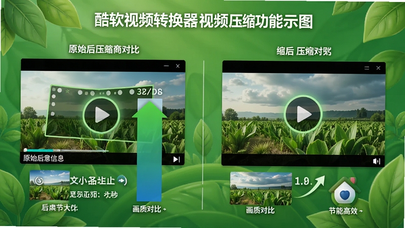 酷软视频转换器视频压缩功能示意图,展示压缩前后文件大小对比和画质对比,画面左侧为原始视频信息,右侧为压缩后视频信息,背景为绿色环保风格,体现节能高效理念