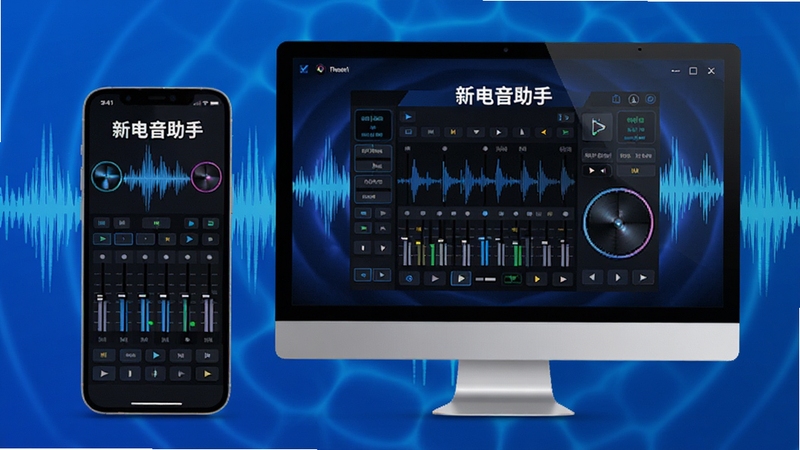 新电音助手界面预览图,画面主体为手机与电脑双端同步显示的电音调音台界面,背景为渐变蓝色声波波纹,整体风格科技感十足,清晰展示软件名称新电音助手。