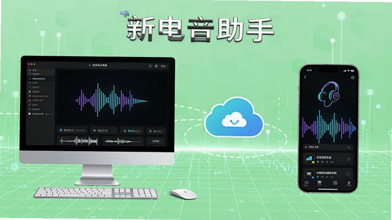 新电音助手多平台同步与分享功能展示,画面左侧为电脑端界面,右侧为手机端界面,中间有云同步图标连接,背景为浅绿色科技网格,强调软件名称新电音助手的跨设备能力。