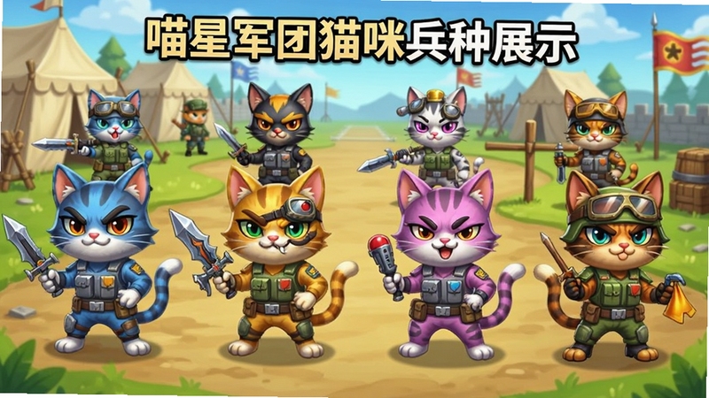 喵星军团猫咪兵种展示图,画面中排列着不同颜色和装备的猫咪角色,每只猫都有独特的武器和姿态,背景为军营帐篷和训练场,色彩鲜艳,角色表情生动,类似游戏角色选择界面的风格