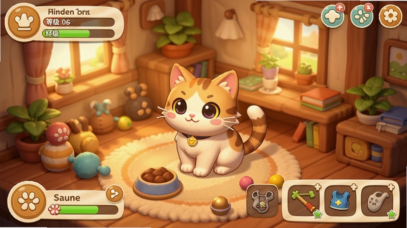 喵星军团猫咪养成界面图,画面展示一只猫咪在温馨的小屋内,周围有玩具和食物,玩家界面显示等级、经验条和装备栏,风格可爱,色调温暖,类似模拟经营游戏的养成界面