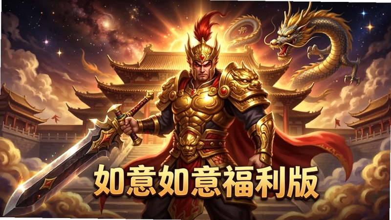 王者战神(如意如意福利版)游戏宣传图,画面中央一位身披金甲的战神手持巨剑,身后是宏伟的东方宫殿与祥云,背景为浩瀚星空与神龙盘旋,整体色调以金红为主,展现霸气与福利氛围,画面细节丰富,光影层次分明,适合作为游戏宣传海报。