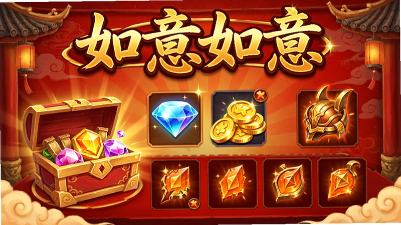 王者战神(如意如意福利版)游戏内福利界面截图,展示每日签到奖励宝箱、钻石金币图标、橙色装备碎片,背景为喜庆的红色古风界面,上方有
