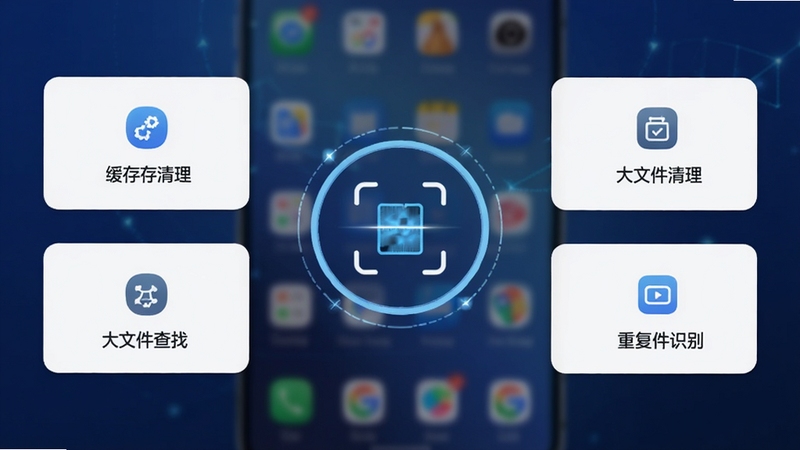 Waste Tools主界面全览预览图,画面中央显示圆形智能扫描按钮,周围分布缓存清理、大文件查找、重复文件识别等功能卡片,背景采用深蓝色渐变配以微光效,整体风格现代简约,突出工具属性,主体坐标居中,背景区域为模糊化的手机桌面轮廓
