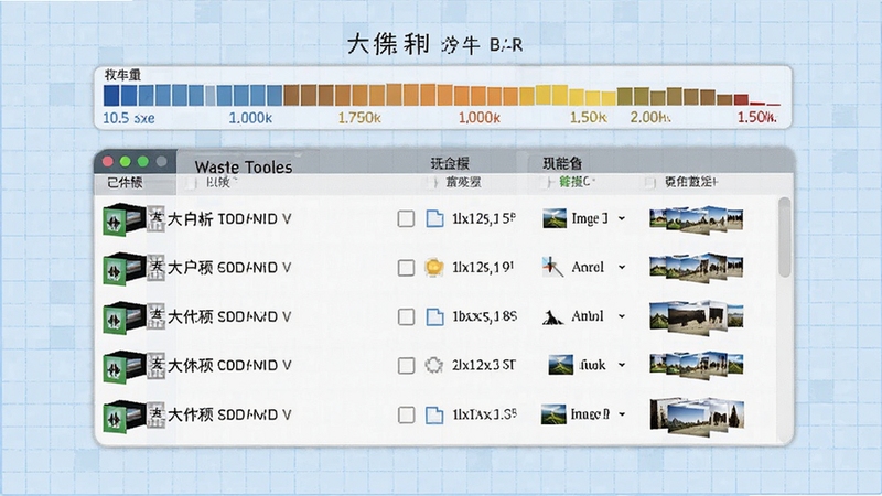 Waste Tools大文件查找功能预览图,画面以列表形式展示多个大体积视频文件与重复图片对比界面,顶部有文件大小条状图,背景为淡蓝色网格,主体视觉集中在中央列表区域,风格清晰直观