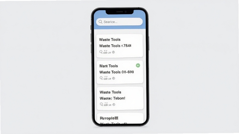 Waste Tools用户答疑界面预览图,画面展示手机屏幕中的问答列表,顶部有搜索栏,下方列出常见问题卡片,背景为浅灰色,主体居中,风格简洁友好