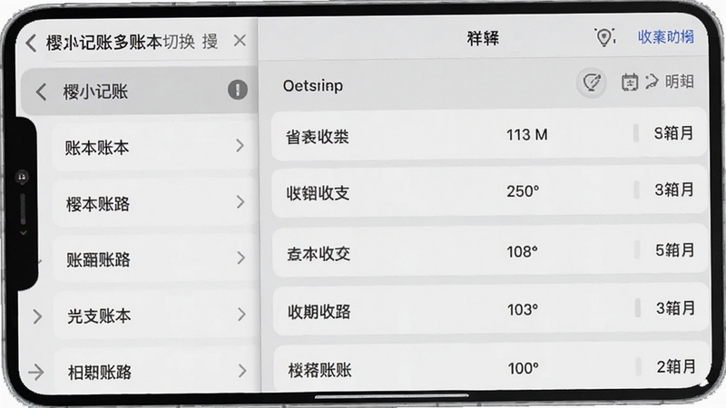 樱木记账多账本切换界面,左侧滑动菜单展示不同账本名称,右侧显示对应收支明细列表,界面采用卡片式设计,背景为浅灰色,突出账本分类的清晰与操作便捷