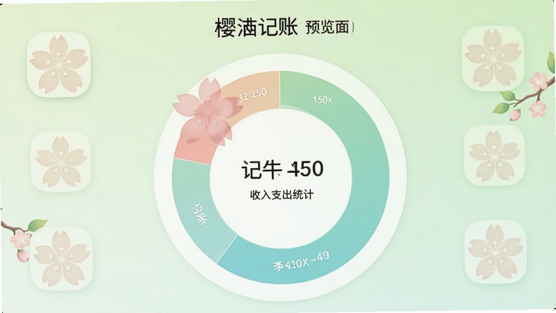 樱木记账主界面预览图,画面中央显示圆形收入支出统计图表,背景为淡绿色渐变,界面风格清新简约,图标以樱花为设计元素,整体色调柔和明亮,突出记账软件的便捷与美观