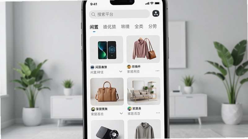 闲置转让二手平台APP主界面预览图,画面中心展示手机应用商店风格的主页面,顶部有搜索栏和分类入口,中部是瀑布流形式的闲置商品卡片,包含数码产品、服饰箱包、家居百货等缩略图,背景为现代简约的浅灰色室内环境,搭配绿植点缀,整体色调清新明亮,突出二手交易平台的便捷与活力