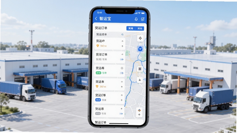 智运宝软件主界面预览图,画面中央显示货运订单列表与地图追踪模块,背景为简洁的物流园区场景,色调以蓝色和白色为主,体现科技感与专业感,整体风格清晰明亮,适配移动端竖屏展示