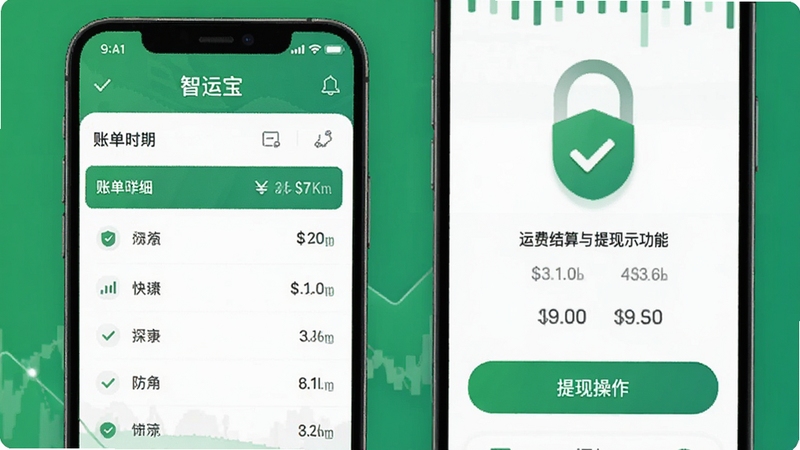 智运宝运费结算与提现功能示意图,画面展示账单明细列表与提现操作按钮,背景为手机支付界面元素,整体色调为绿色与白色,突出安全与快捷,风格简洁明了
