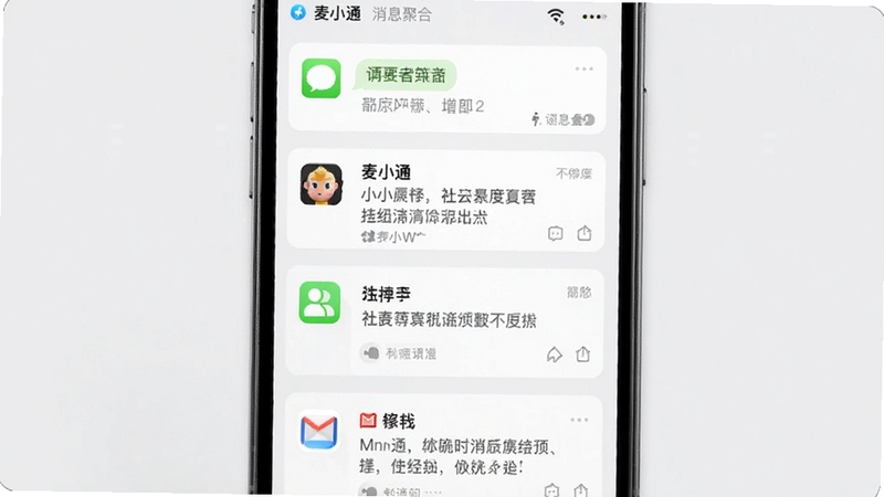 麦小通消息聚合功能界面,手机屏幕上显示不同来源的聊天消息汇总列表,包含短信、社交软件通知和邮件预览,每条消息带有应用图标标识,界面采用卡片式布局,背景浅灰色,突出信息分类与整合效果,整体风格现代简洁