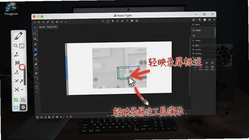 轻映录屏标注工具演示图,画面中正在录制一个软件操作界面,鼠标指针旁出现红色箭头与文字标注,工具栏悬浮在屏幕边缘,背景为深色桌面,突出画笔与标注功能