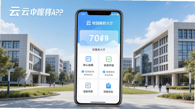 云上喀职APP主界面预览图,展示校园服务大厅功能模块,背景为现代化大学校园建筑,色调清新明亮,界面简洁大方,突出软件名称和核心功能布局