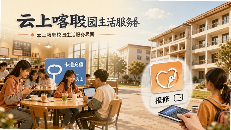 云上喀职校园生活服务界面,展示一卡通充值和报修功能,背景为校园食堂和宿舍楼,色彩温馨,体现便捷校园生活场景