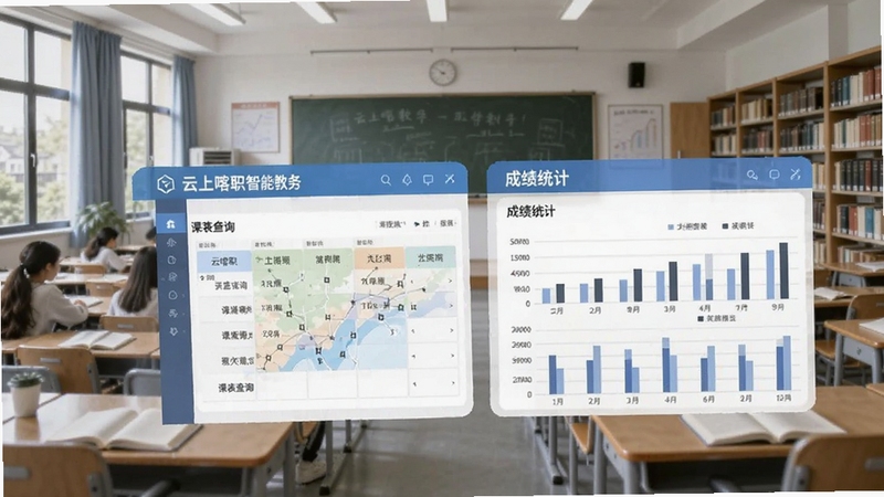 云上喀职智慧教务功能界面,展示课表查询和成绩统计图表,背景为教室和图书馆,画面清晰,体现数字化教学管理场景