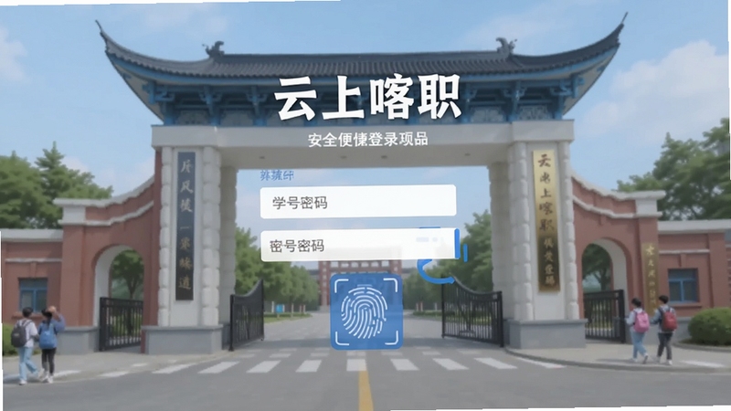 云上喀职登录界面,展示学号密码输入框和指纹识别图标,背景为校园大门,色调简洁,突出安全与便捷