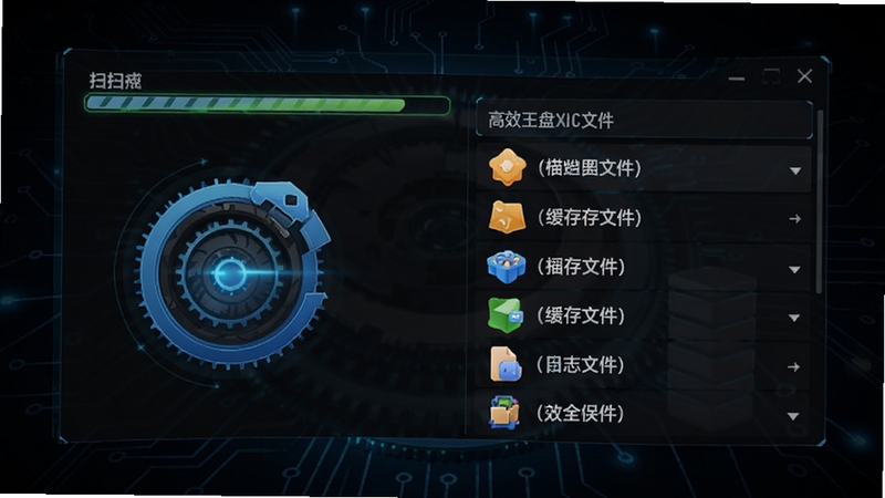 全能王C盘清理深度扫描功能示意图,画面中显示扫描进度条与垃圾文件分类列表,包括临时文件、缓存文件、日志文件等,每个分类前有彩色图标,背景为深色科技感风格,突出扫描引擎的高效与专业