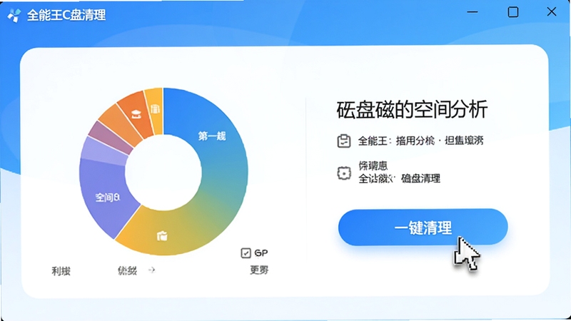 全能王C盘清理主界面预览图,展示磁盘空间分析饼图与一键清理按钮,背景为清爽的蓝白渐变色,界面简洁现代,鼠标指针悬停在清理按钮上,突出软件核心功能,整体风格明亮干净,适合软件下载站首图展示