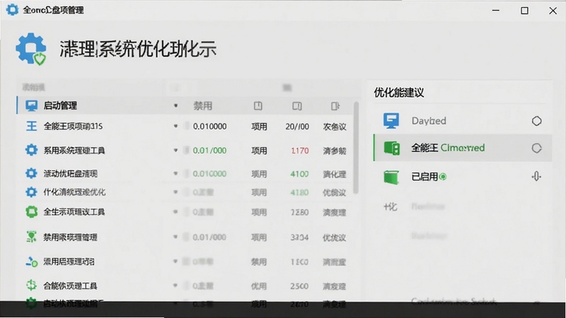 全能王C盘清理系统优化功能演示图,界面展示启动项管理列表与优化建议,包括禁用项与已启用项,背景为浅灰色调,图标清晰,突出优化工具的专业性,适合教程配图使用