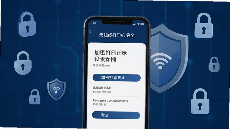 无线打印机安全功能展示图,画面为手机界面显示加密打印设置选项,背景有盾牌图标和锁形符号点缀,色调为深蓝与白色,强调数据保护和隐私安全,视觉风格专业严谨
