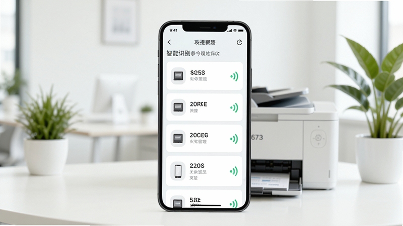 无线打印机功能预览图,画面中央为智能手机显示发现附近打印机的列表界面,每个设备卡片带有型号和信号图标,背景是明亮的办公室环境,有打印机和绿植点缀,整体色调清新,突出智能识别和便捷管理的特性