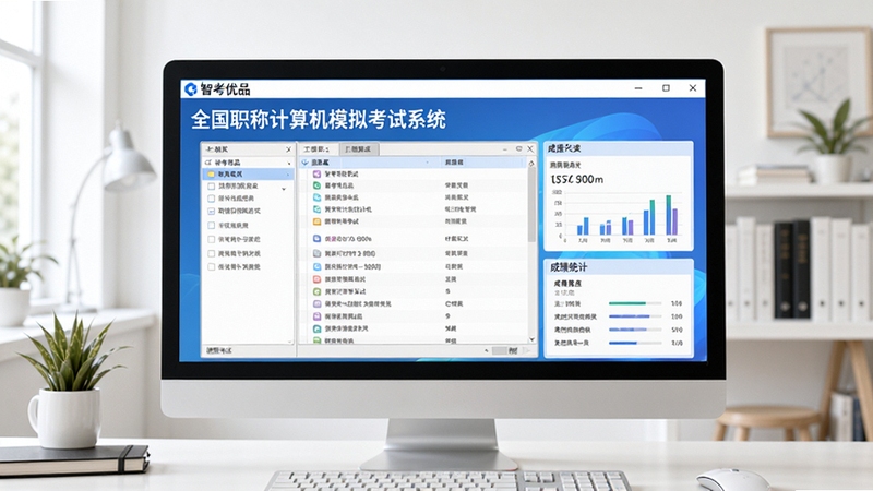 智考优品全国职称计算机模拟考试系统Internet应用模块主界面预览图,画面展示软件在电脑桌面运行的完整界面,包含模拟考试窗口、题库列表和成绩统计区域,背景为简洁的办公学习场景,整体风格清新明亮,细节清晰,适合作为软件介绍首图