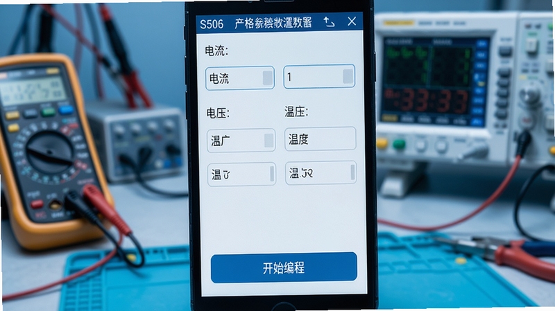 一张特写图,显示S506 programming recharging软件在手机上的编程参数设置界面,屏幕中清晰可见电流、电压、温度等数据输入框,下方有“开始编程”按钮,背景为实验室工作台,摆放着万用表和示波器,画面细节丰富,色调偏冷,突出专业感。